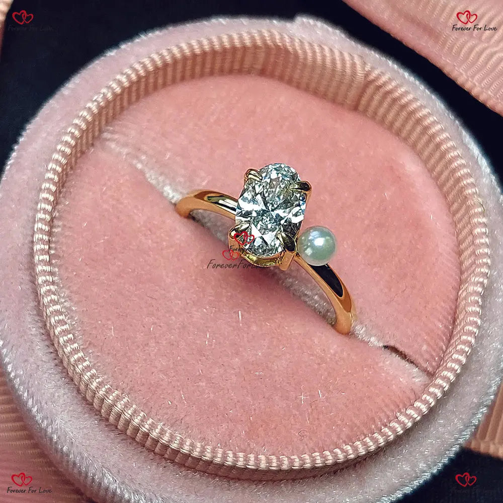 Unique Lab Diamond Oval Cut Engagement Ring with Pearl |  IGI Certified Solid Gold Ring Forever For Love