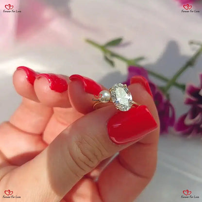 Unique Lab Diamond Oval Cut Engagement Ring with Pearl |  IGI Certified Solid Gold Ring Forever For Love
