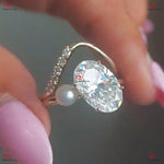 Oval Crushed Ice Cut Diamond Engagement Ring with Pearl Forever For Love