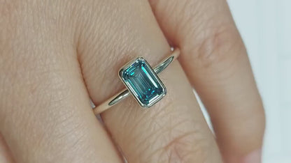 1Ct Fancy Vivid Blue Emerald Cut Bezel Set Lab Grown Diamond Ring