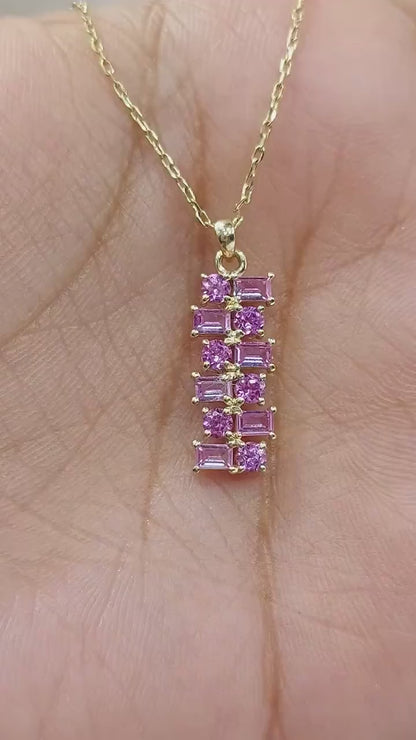 Baguette & Round Diamond Necklace with Lab-Grown Pink Sapphire