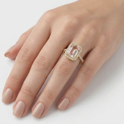 Pink Emerald Cut Lab Created Diamond Engagement Ring - IGI Certified Halo Diamond Ring