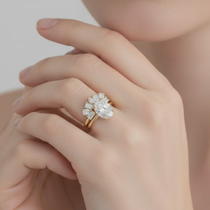 Bague de fiançailles en or massif à coupe ovale avec halo caché, fabriquée en laboratoire CVD E VS1 | Ensemble nuptial certifié IGI