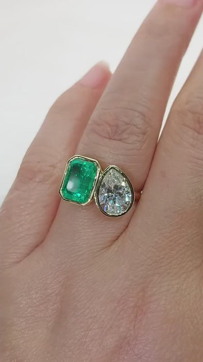 Dainty Emerald & Baguette Diamond Two Stone Ring