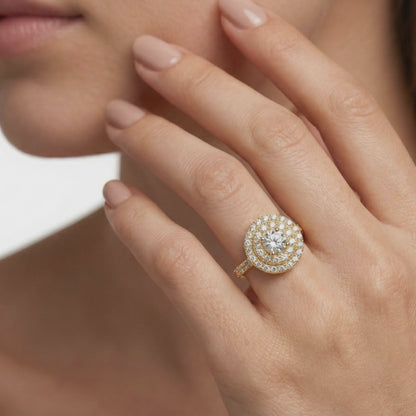 0,5 Karat Double Halo Pave Band Ring mit natürlichen runden Diamanten