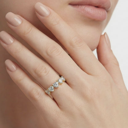 Solid Gold Heart Five Stone Heart Cut Diamond Ring -  Lab-Grown Diamond Wedding Band Stackable Rings