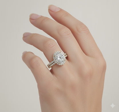 2 Karat insgesamt D/VVS2 IGI-zertifizierter Solitärdiamant im Ovalschliff | Verlobungsring-Set mit verstecktem Halo und passendem runden Diamantband | Gold