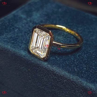 Emerald Cut Diamond Engagement Ring In Bezel Setting Solid Gold