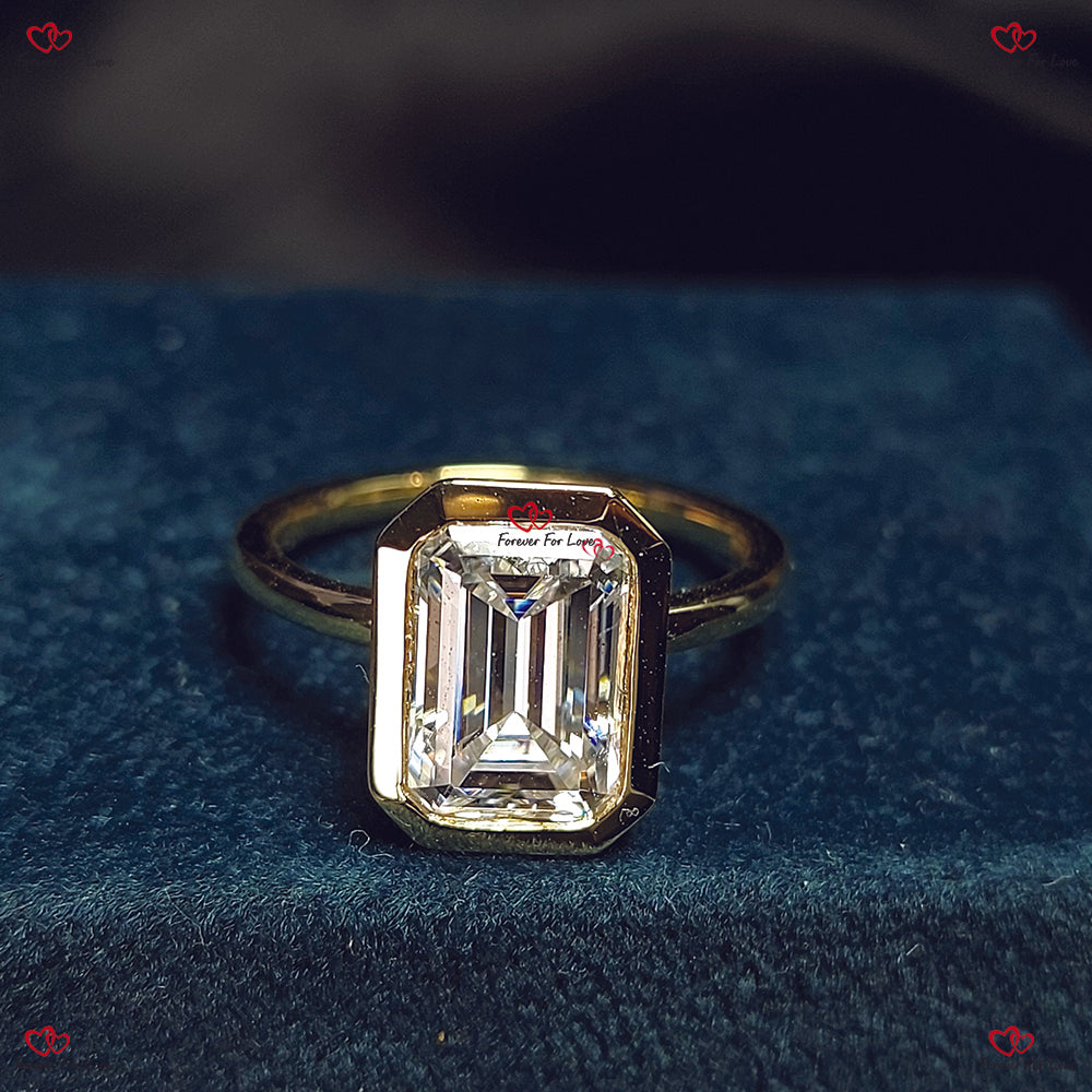 Emerald Cut Diamond Engagement Ring In Bezel Setting Solid Gold