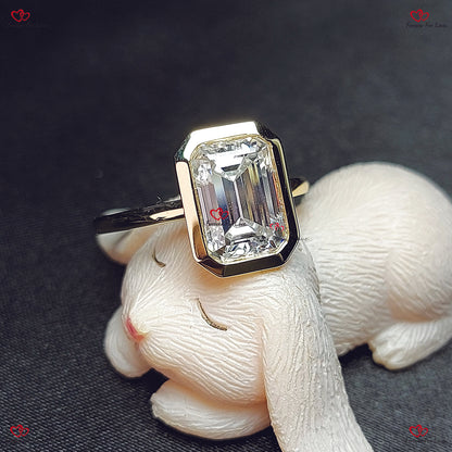 Emerald Cut Diamond Engagement Ring In Bezel Setting Solid Gold