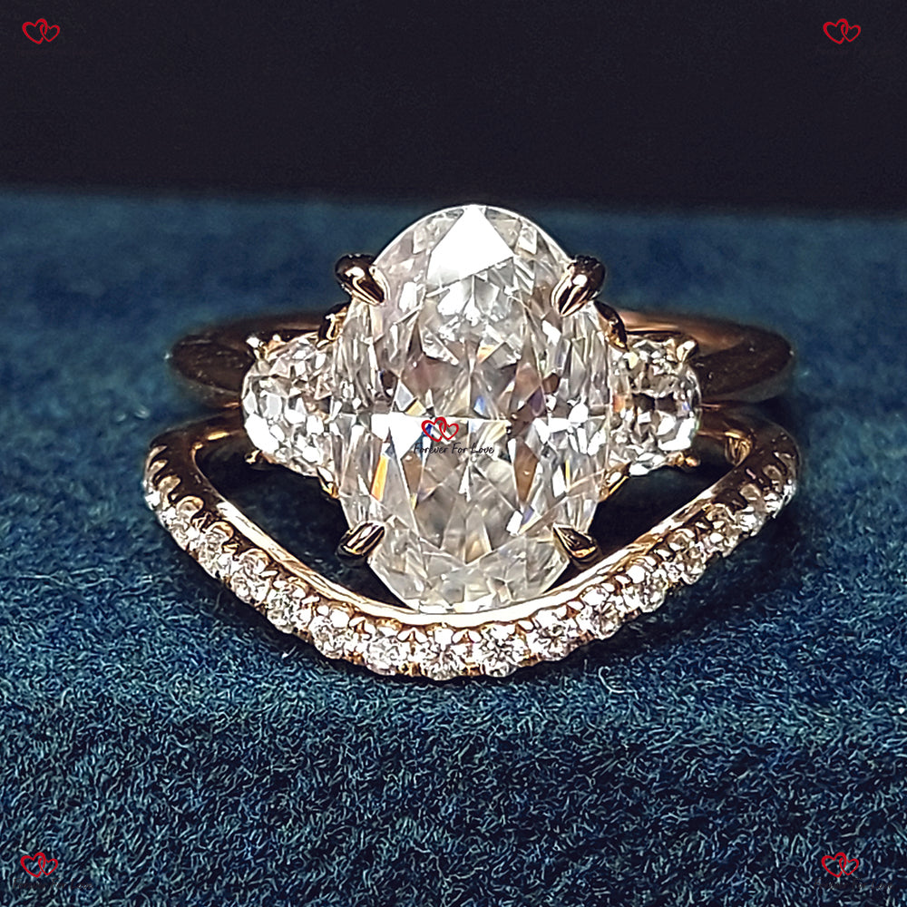 Bague de fiançailles unique en moissanite ovale – Bague à trois pierres taillées en glace pilée avec accents de pierre de lune