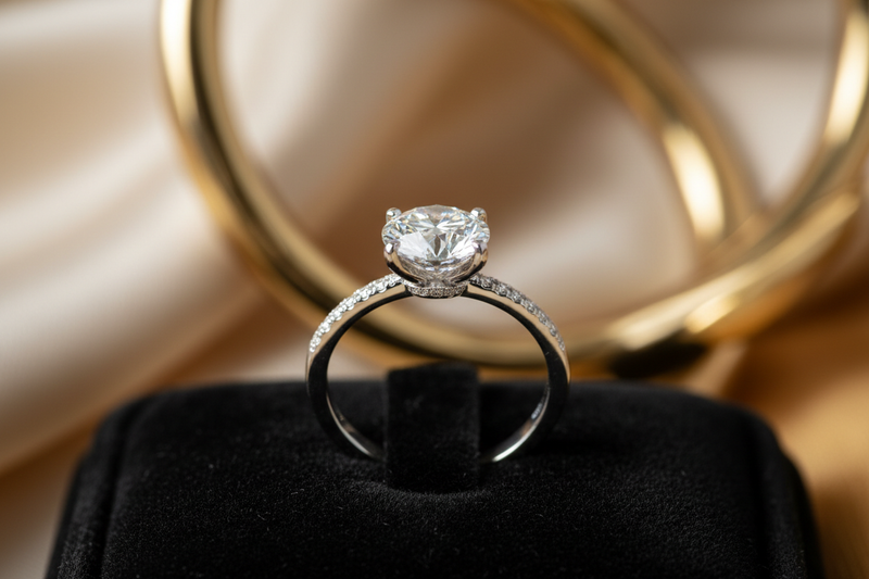 Round brilliant cut diamond engagement ring featuring a delicate pave diamond band and a hidden halo setting