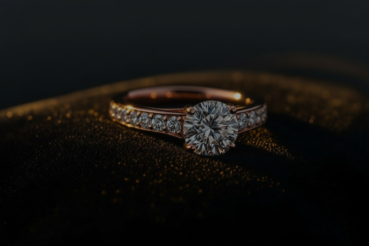 Round lab diamond pave engagement ring in rose gold with a brilliant center stone and diamond accented band