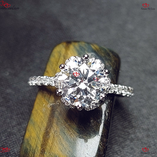 Unique Vintage Flower Prong Moissanite Round Engagement Ring | White Gold | Brilliant Cut Round