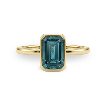 1Ct Fancy Vivid Blue Emerald Cut Bezel Set Lab Grown Diamond Ring Forever For Love