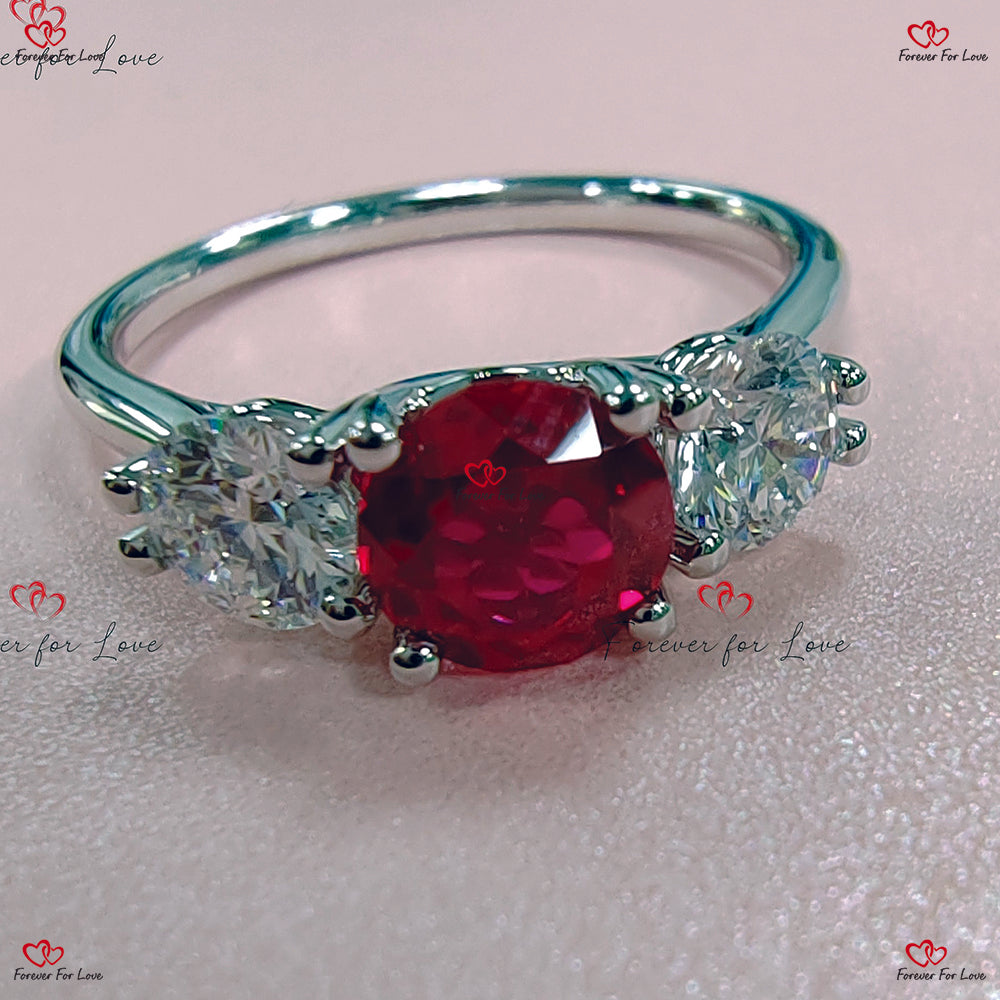 Bague de fiançailles vintage en rubis - Bague trilogie en platine avec rubis et diamants gravée à la main