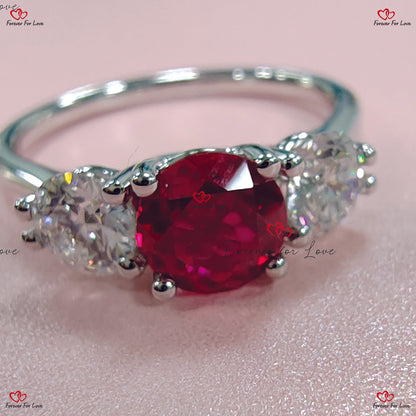 Bague de fiançailles vintage en rubis - Bague trilogie en platine avec rubis et diamants gravée à la main