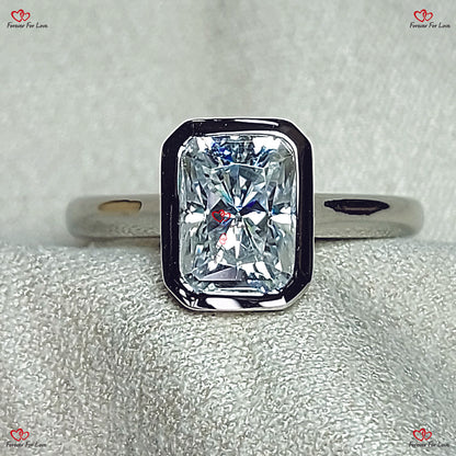 Radiant Cut Moissanite Engagement Ring in White Gold – Bezel Solitaire Unique Anniversary Ring