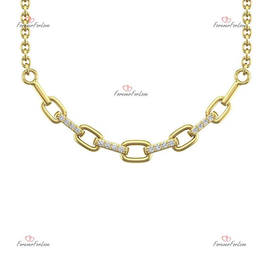 14K Solid Gold Paperclip Chain Necklace with Diamond Pave